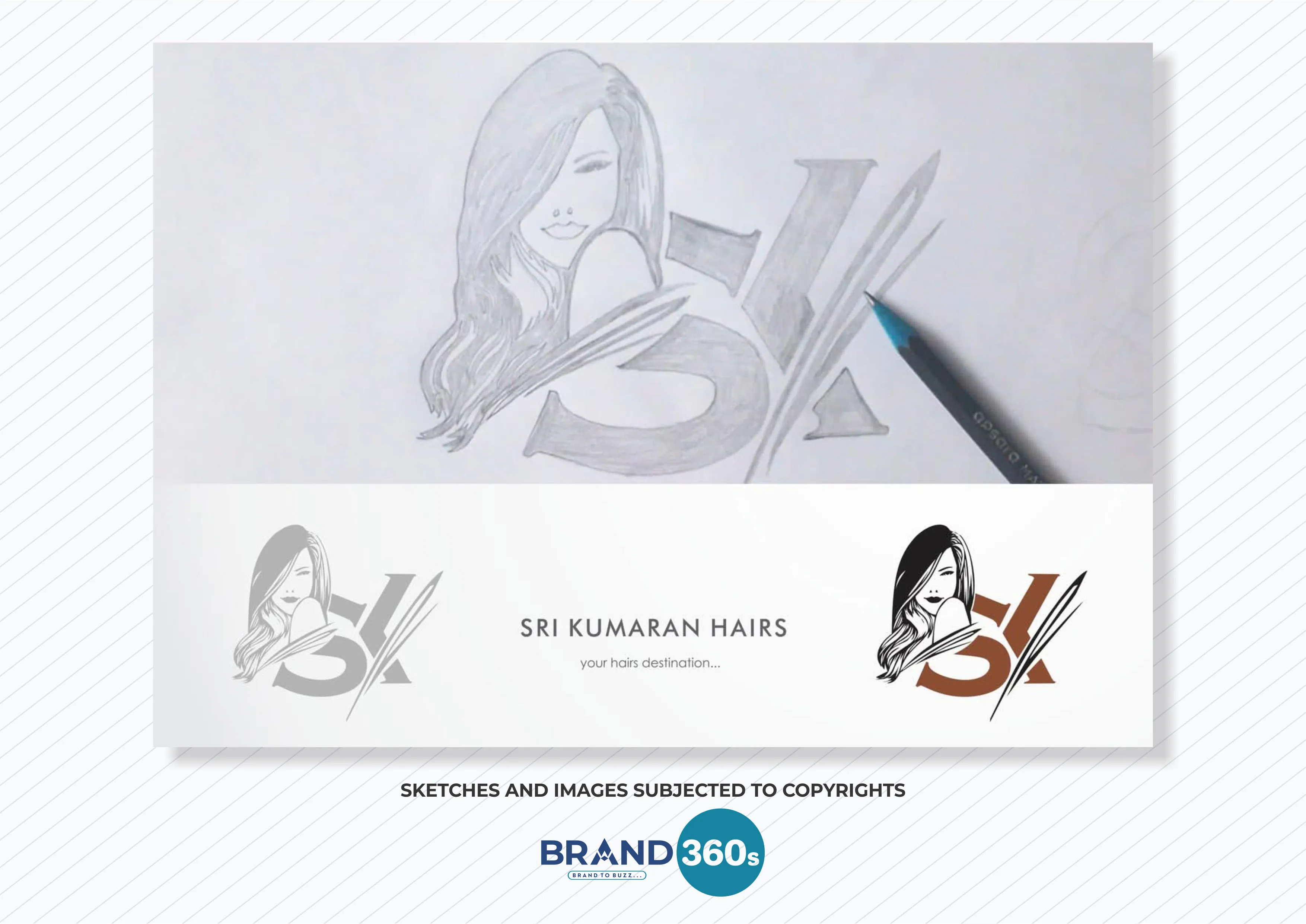 Hair salon logo design sketch and final logo for Sri Kumaran Hairs by Brand 360s